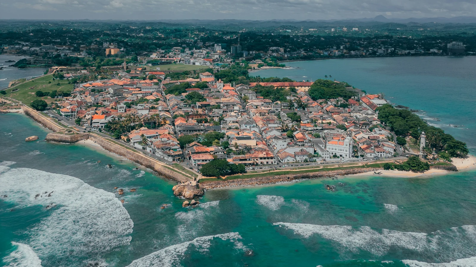 Aerial view of Galle Fort's historic peninsula and ocean ramparts