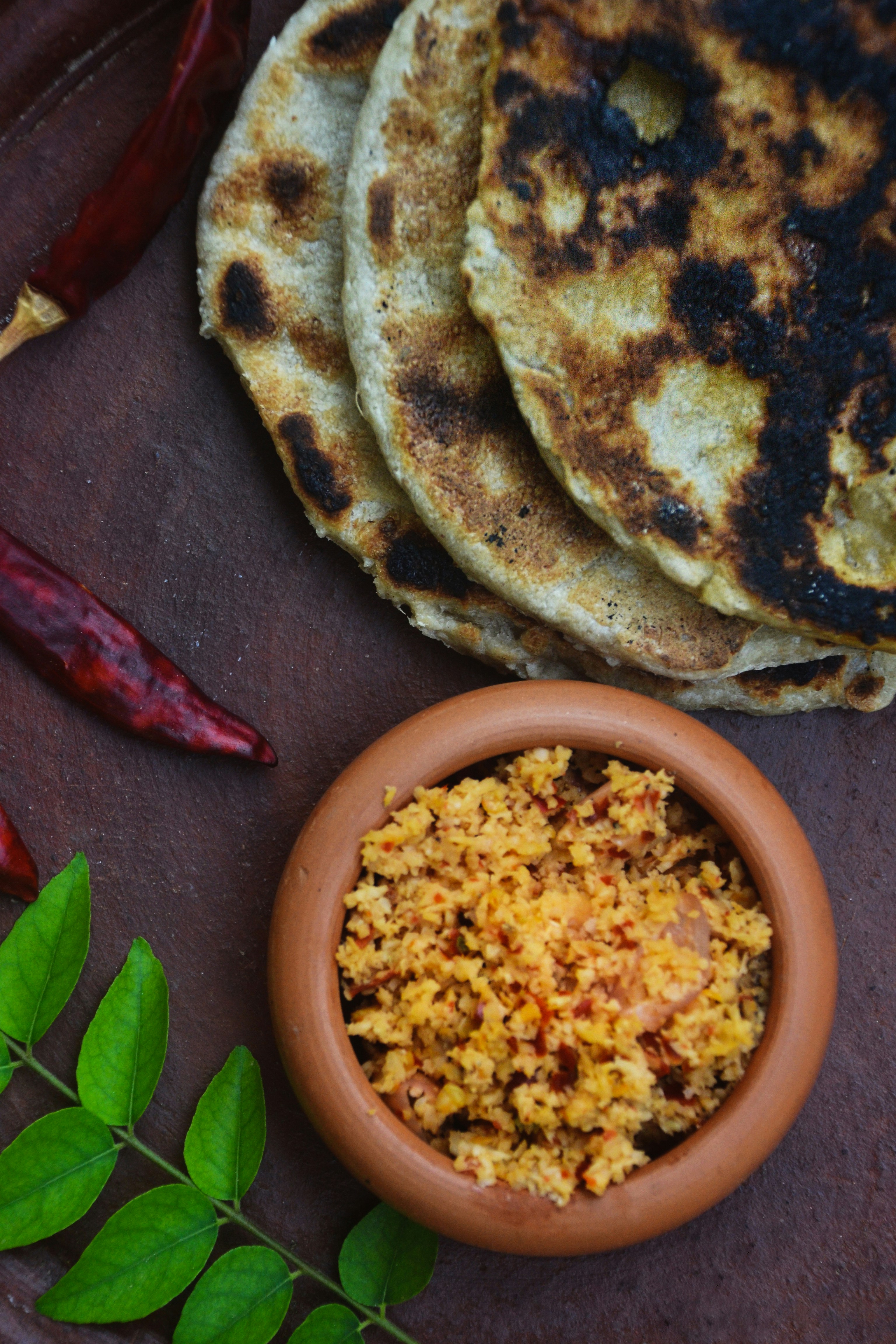 Pol roti served with fresh coconut sambol and chilli