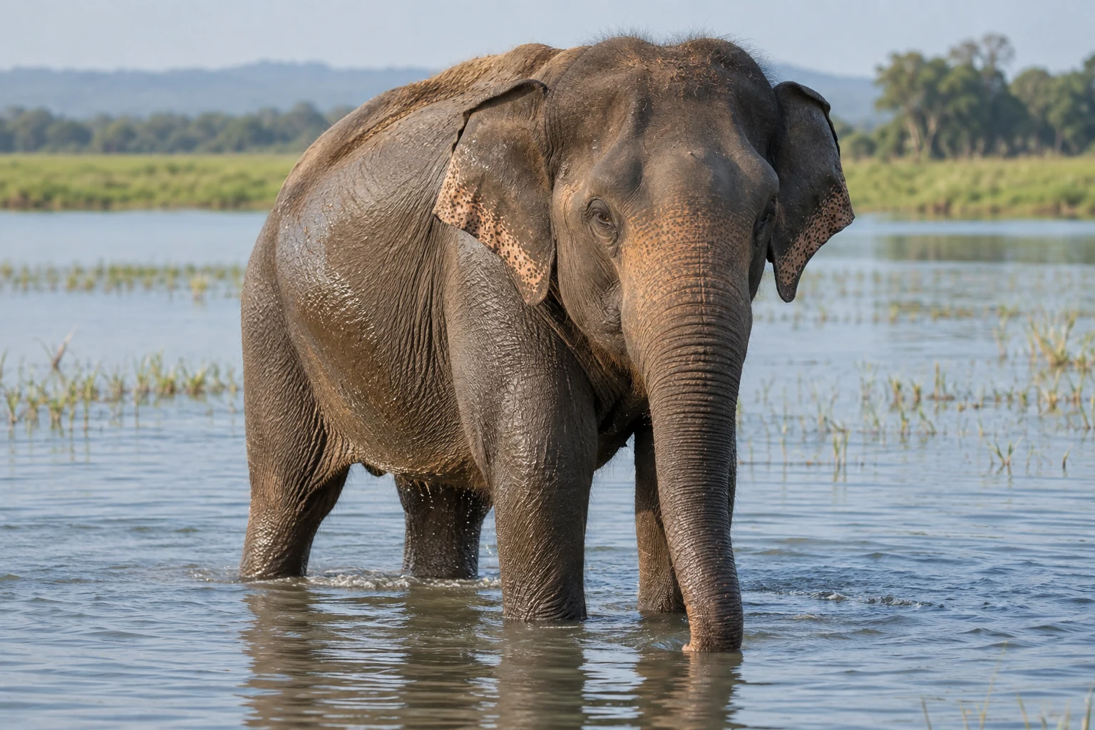 Wild Asian elephant standing in shallow lake water at Udawalawe